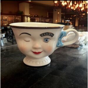 Unique Face Mug CANDLE Baileys Irish‎ Cream Winking Eye Blue Bow Handle